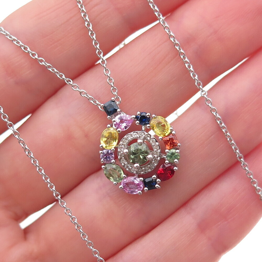 925 Sterling Silver Real Diamond & Multi-Color Sapphire Cable Chain Necklace 18"